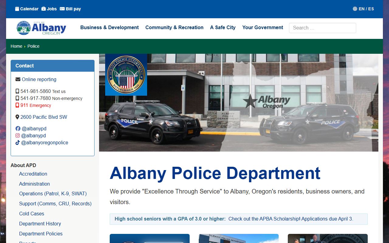 Albany Police Department website showing department sections and contact information