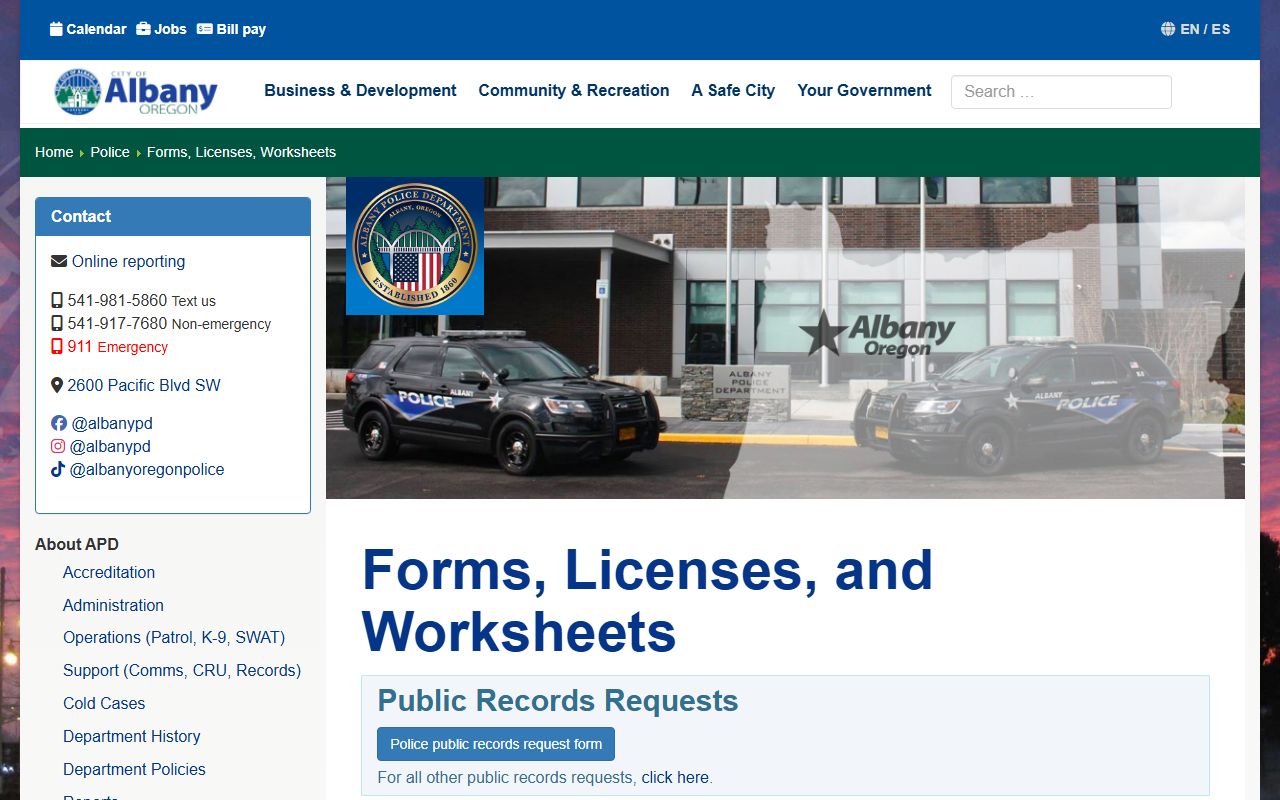 Albany Police Department forms page with links to records and report request forms