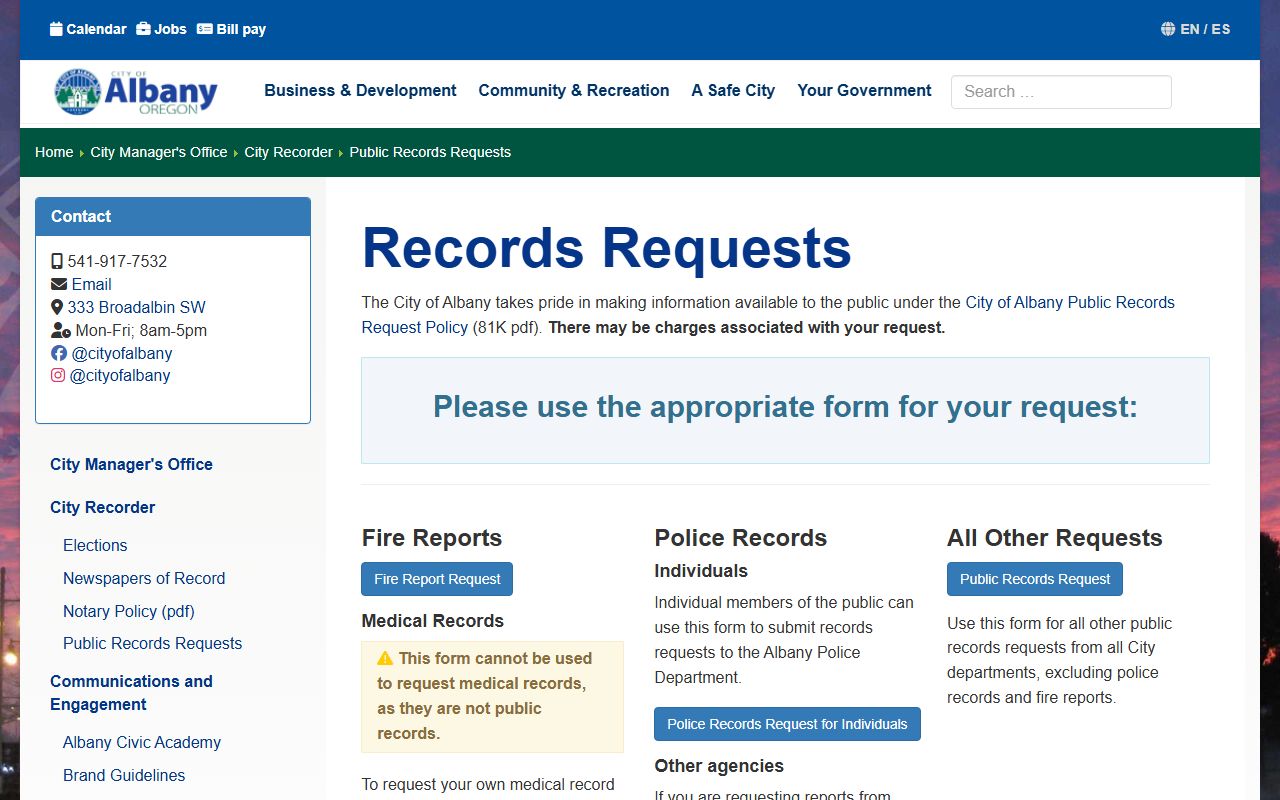 Albany public records request page with forms for individuals and agencies