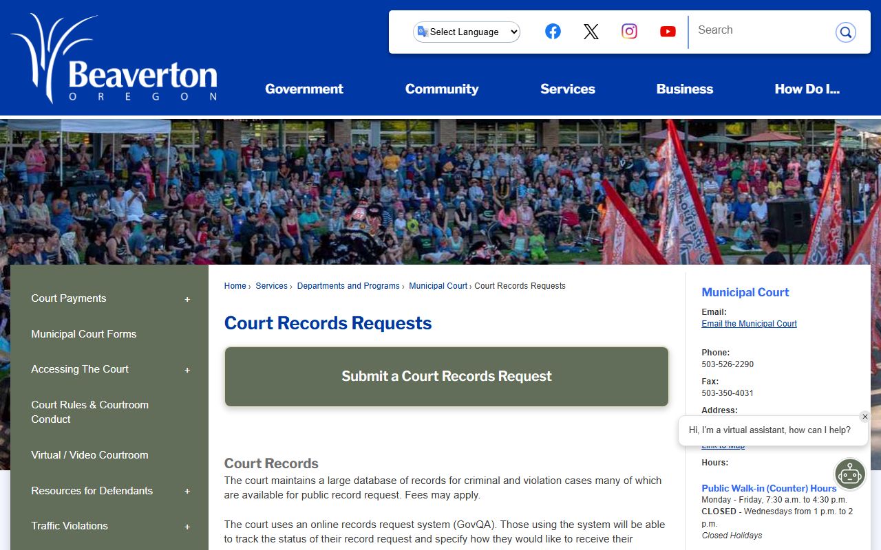 Beaverton Court Records Requests page with information on obtaining court documents