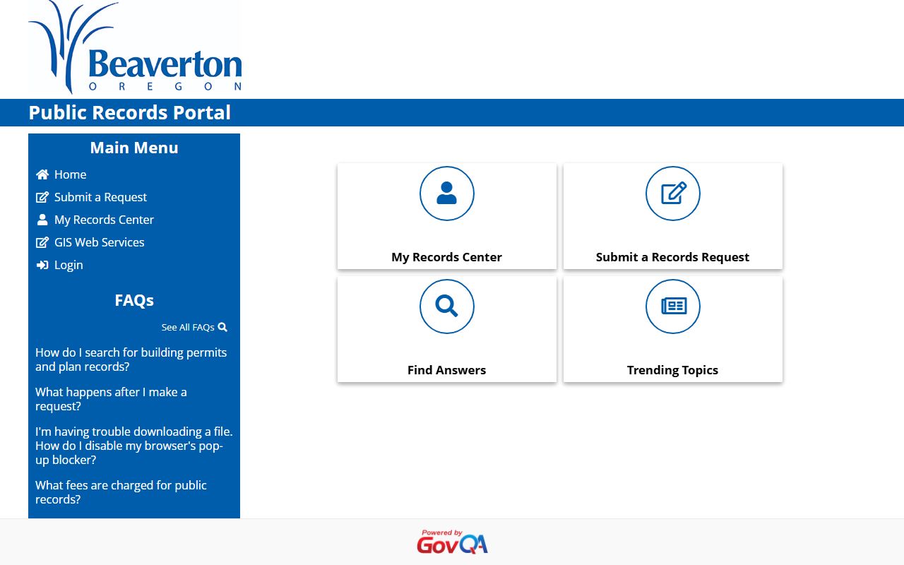Beaverton GovQA public records request portal for submitting record requests online