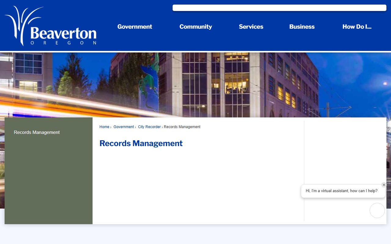 Beaverton Records Management page showing public records request options