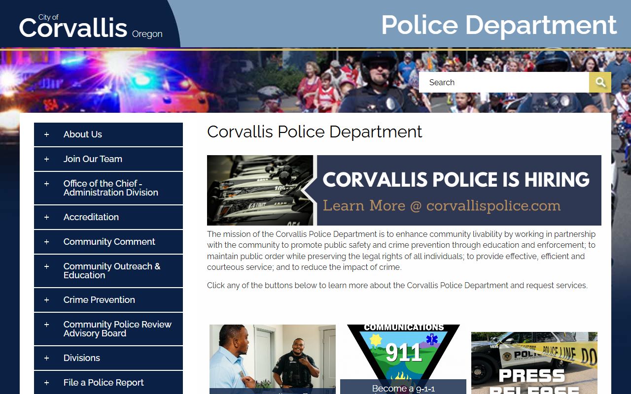Corvallis Police Department website with department overview and contact information