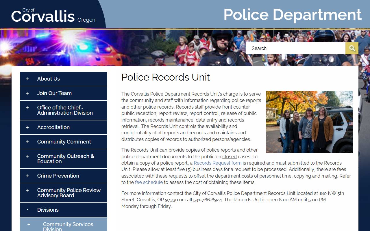 Corvallis Police Records Unit page showing hours, fees, and request process