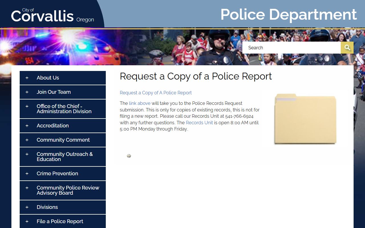 Corvallis request a copy of a police report page with form and instructions