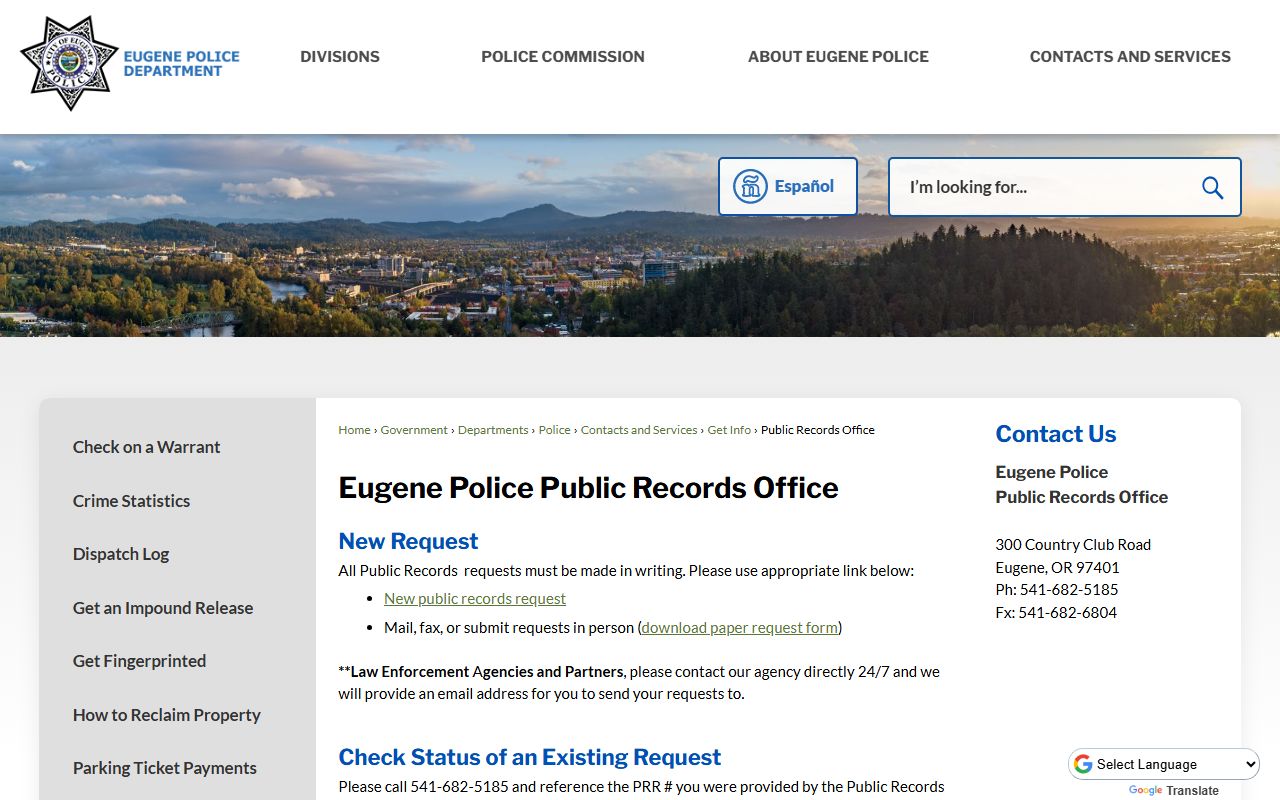 Eugene Police public records office for Eugene booking data