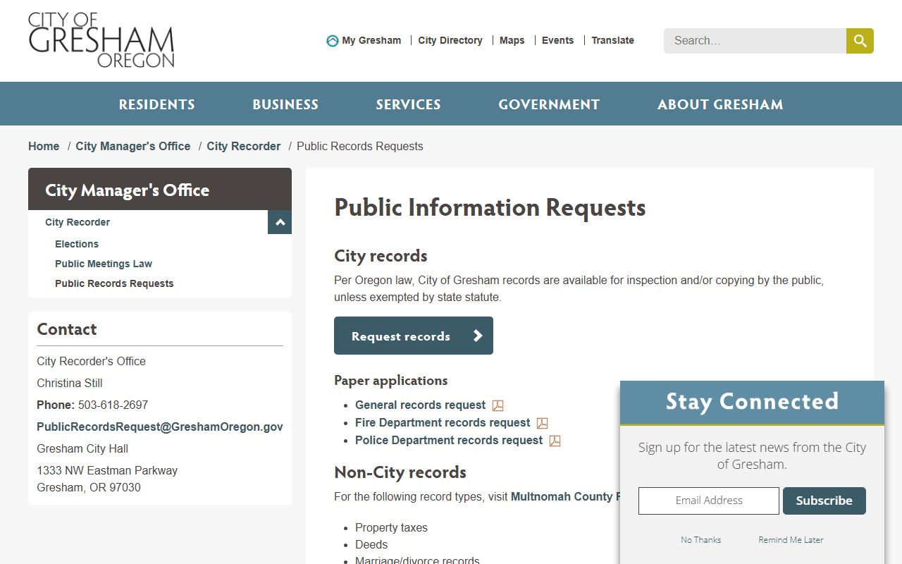 Gresham public information requests page for Gresham booking records