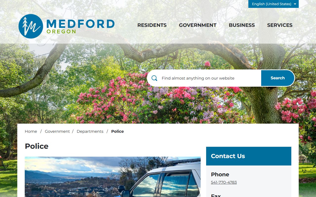 Medford Police Department website showing department information and contact details