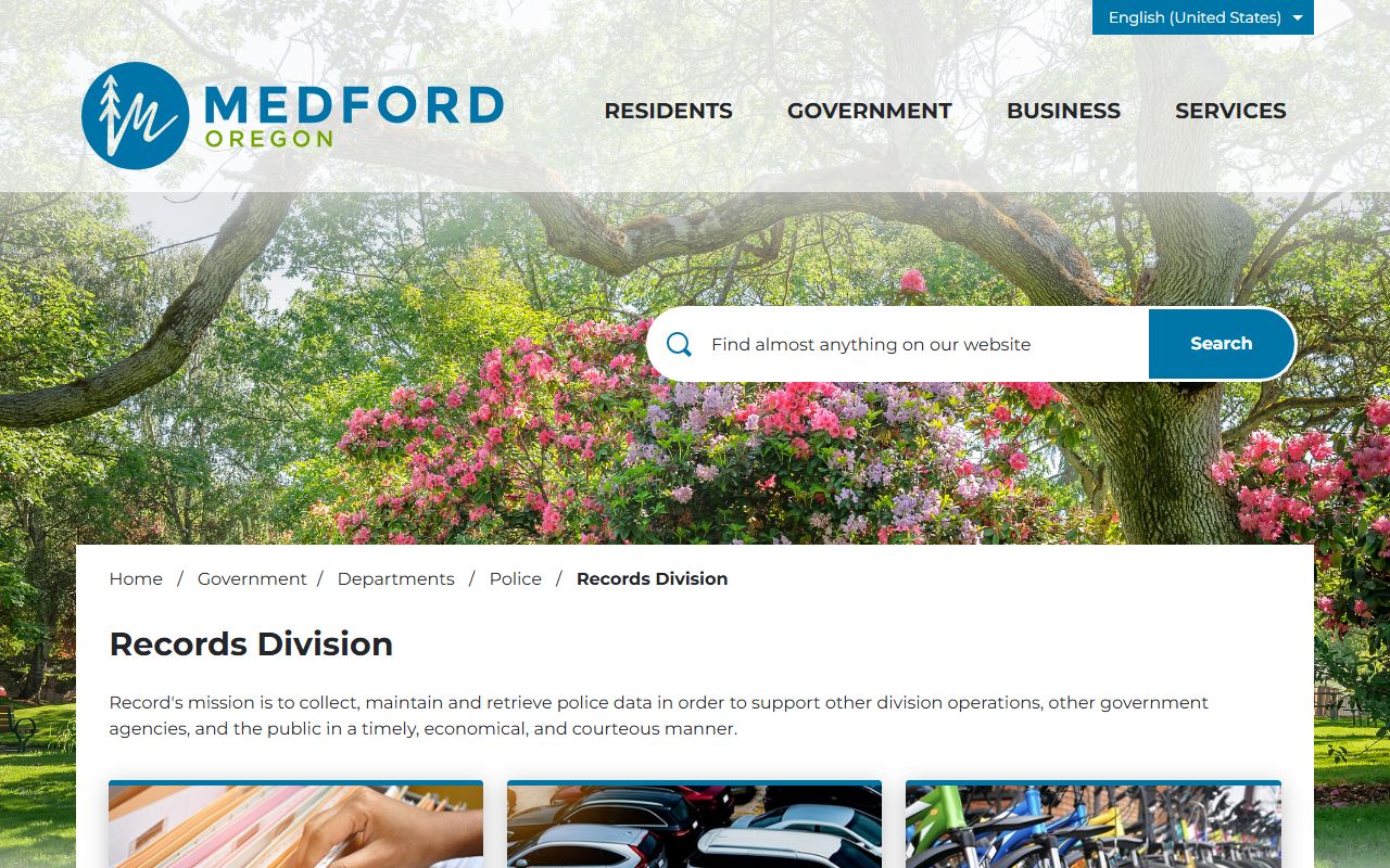 Medford Police Records Division page with public records request information