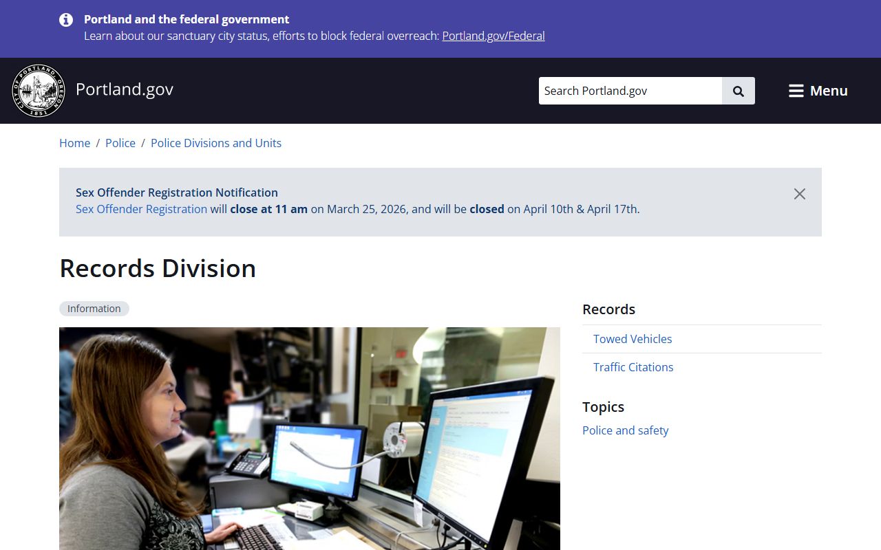 Portland Police Bureau records division for Portland booking records