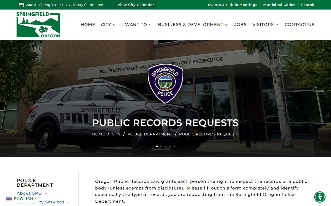 Springfield Police public records request page with form and instructions