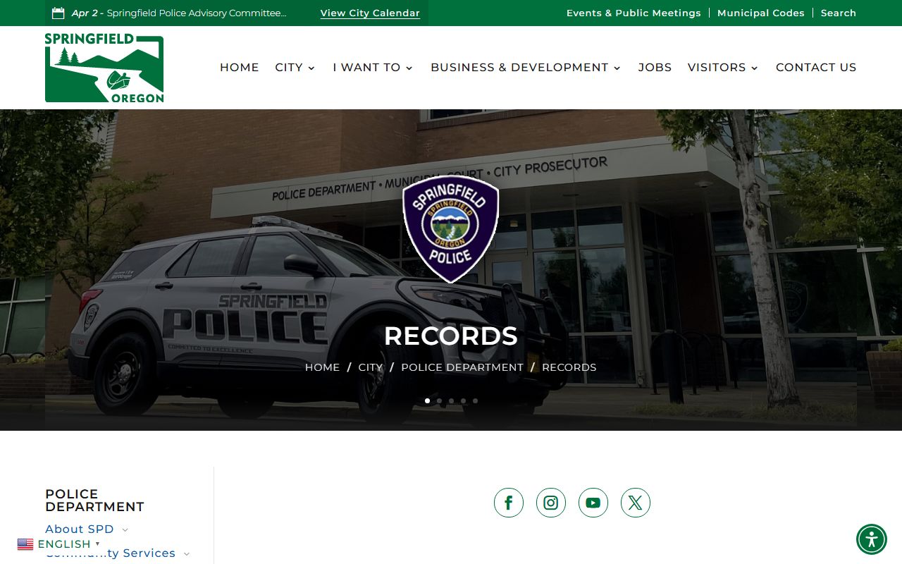 Springfield Police Records page showing service hours and copy fees