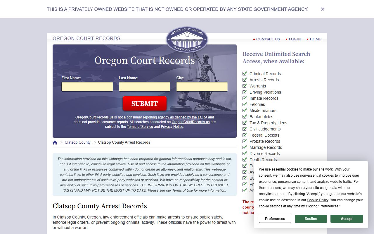 Clatsop County arrest records search 24 hour booking