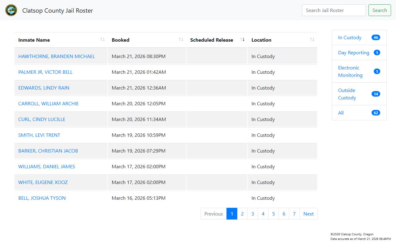 Clatsop County jail roster 24 hour booking search
