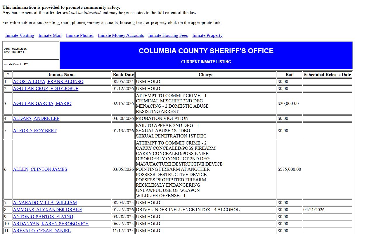 Columbia County inmate listing 24 hour booking records