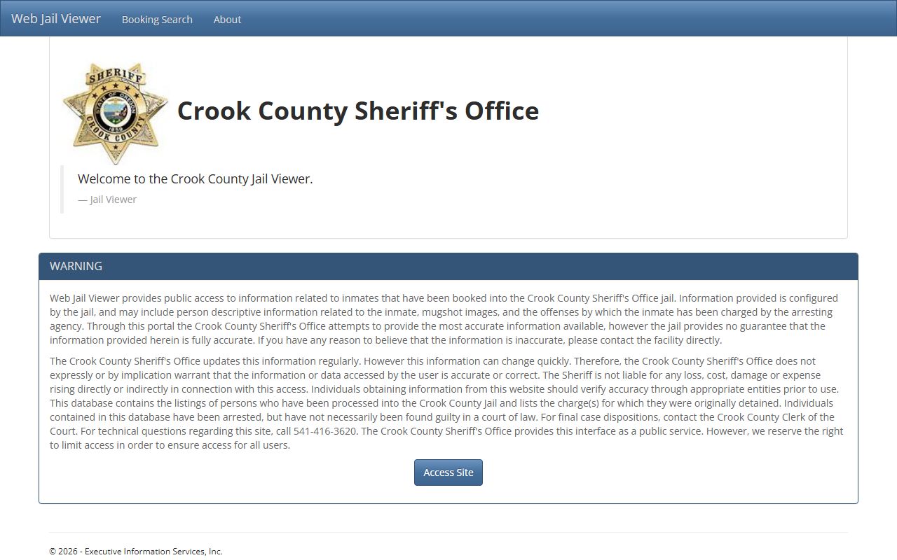 Crook County Web Jail Viewer search page for 24 hour booking lookup