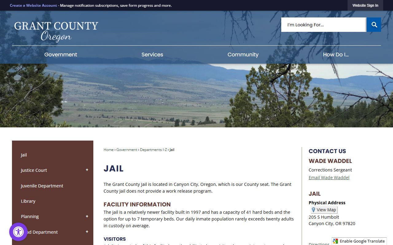 Grant County jail information page for booking and inmate details