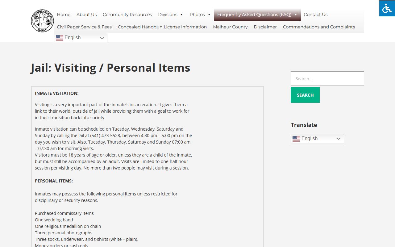 Malheur County jail visitation Malheur County 24 hour booking