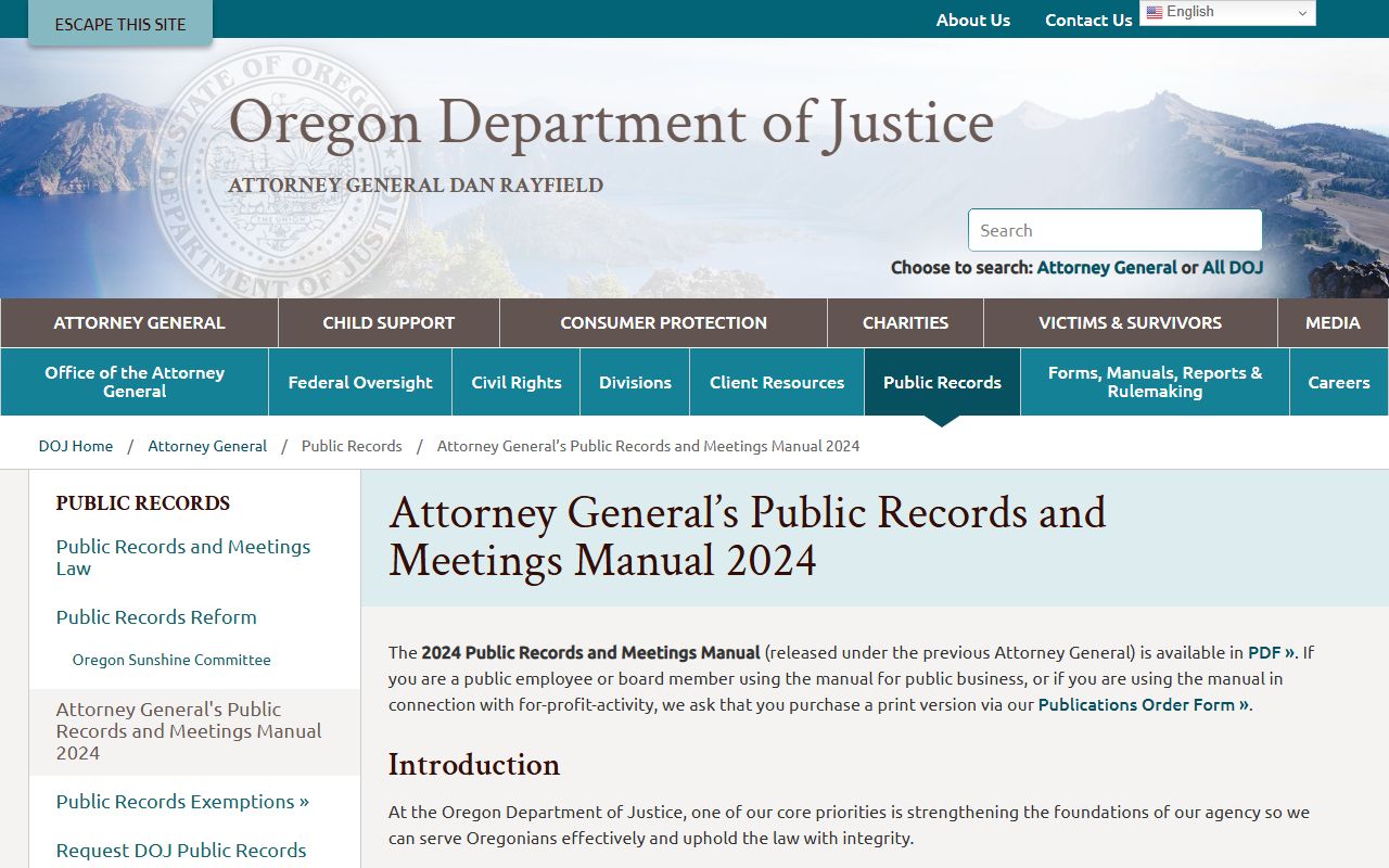 Oregon DOJ public records manual 24 hour booking request guidance