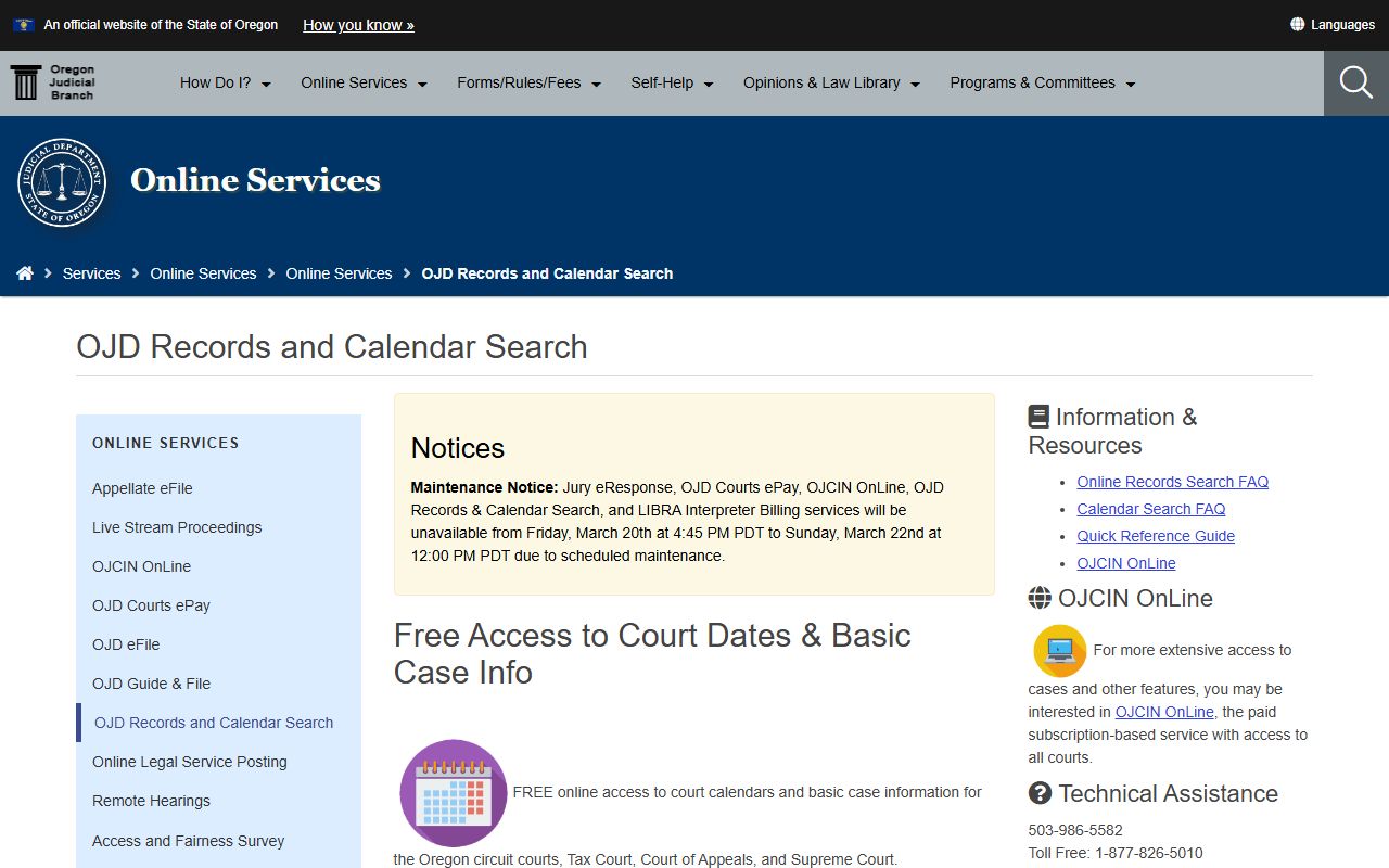 Oregon Judicial Department records and calendar search 24 hour booking
