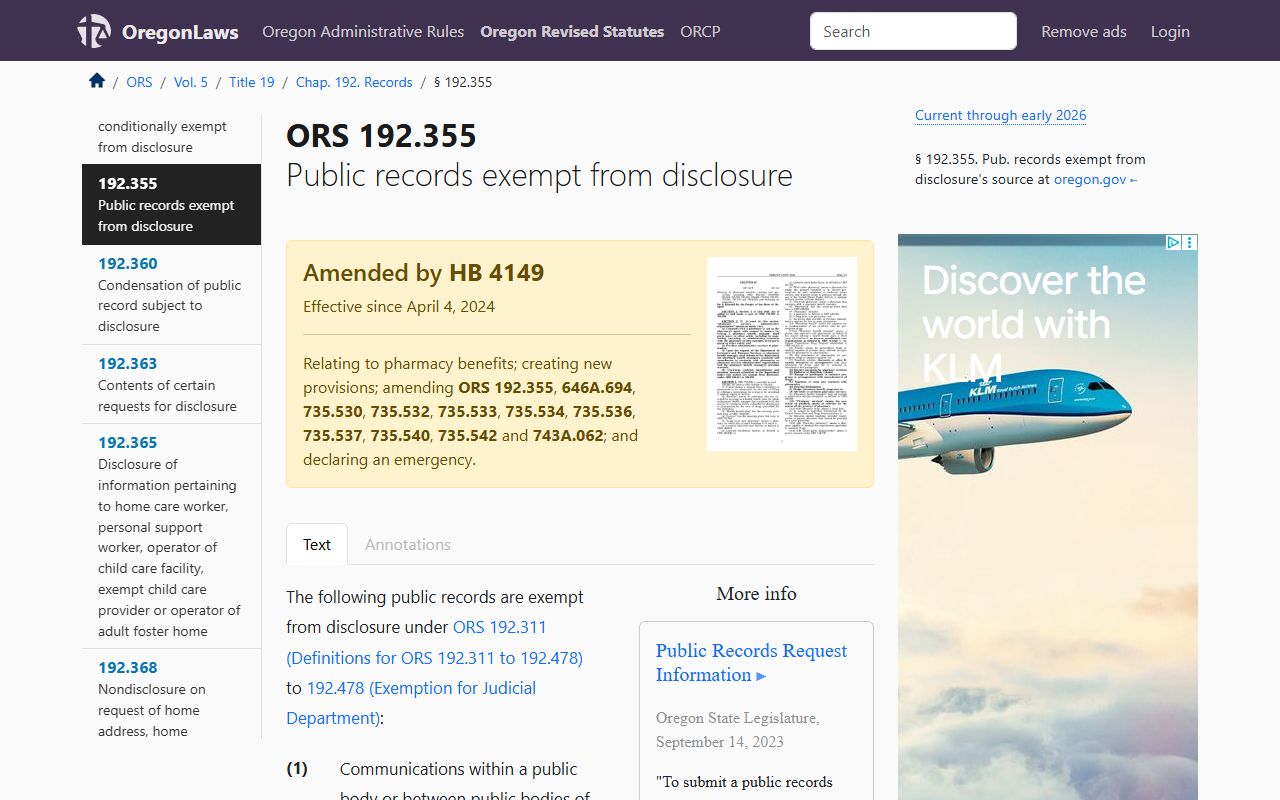 Oregon Revised Statutes ORS 192.355 exemptions 24 hour booking records