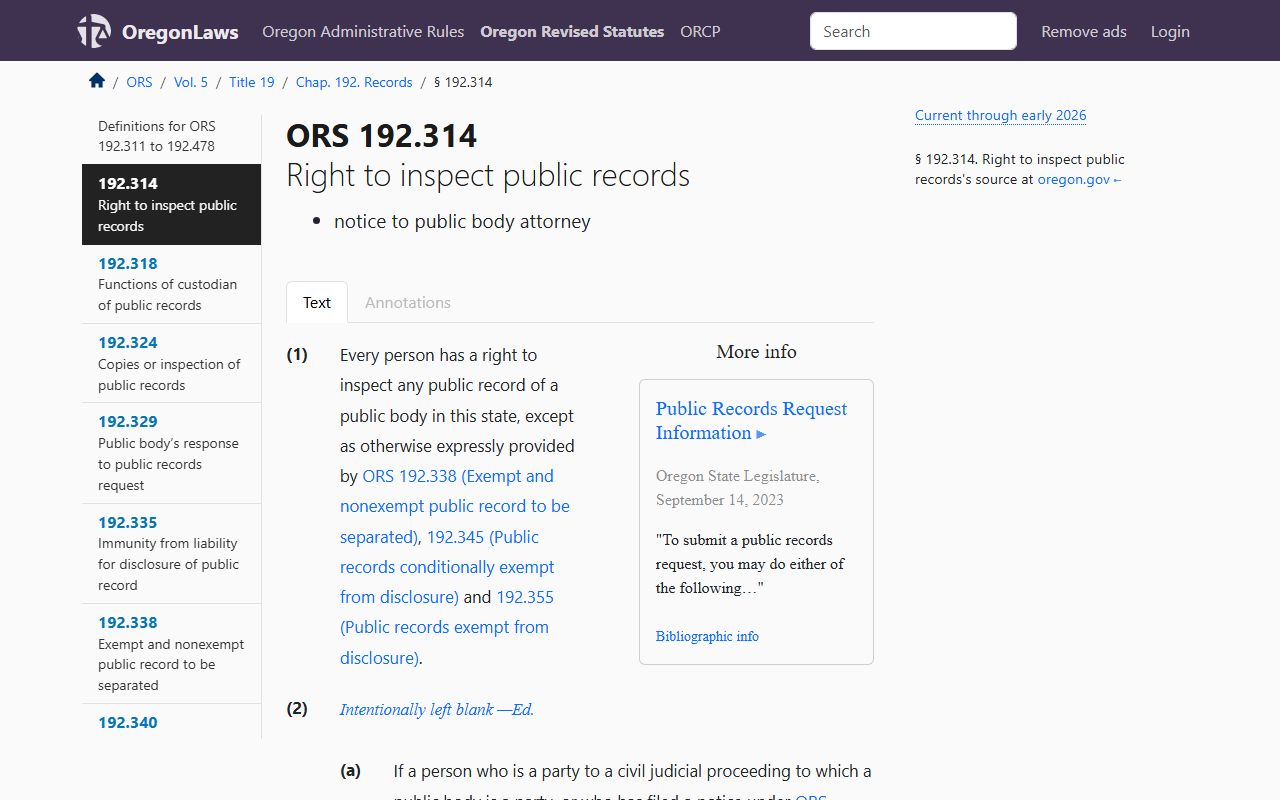Oregon Revised Statutes ORS 192.314 public records law 24 hour booking